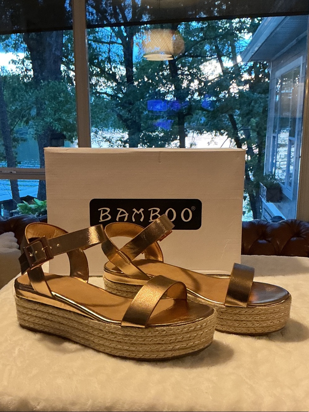 BAMBOO Metallic Gold Espadrille Platform Sandals